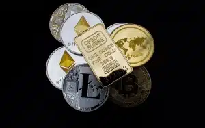 banque pour cryptomonnaie : illustration d'une banque digitale avec des symboles de cryptomonnaies