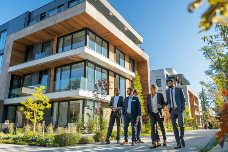 défiscalisation immobilière : illustration d'un immeuble moderne avec des symboles de finance et défiscalisation