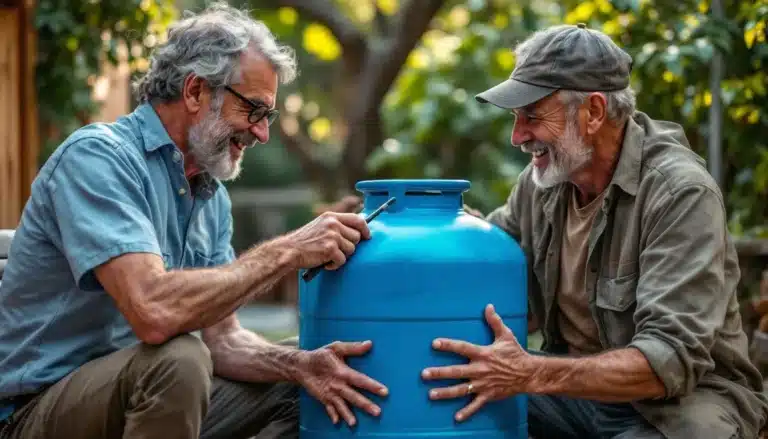 fût de 200 litres : grand fût bleu utilisé pour le jardinage ou le stockage
