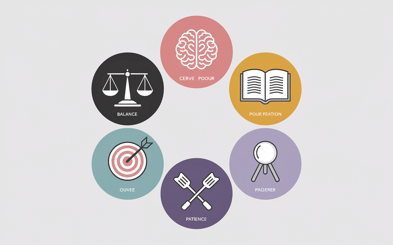 infographie 5 habits investisseur heureux icones equilibre gestion emotions formation objectifs patience