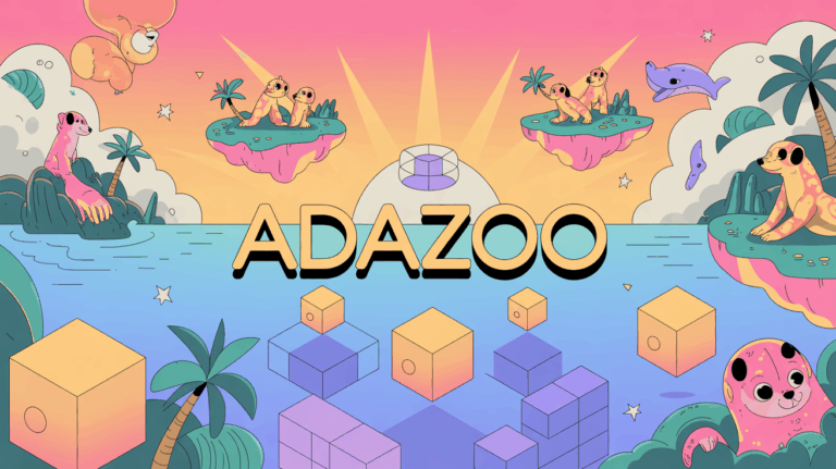 Illustration archipel tropical avec animaux et blockchain adazoo