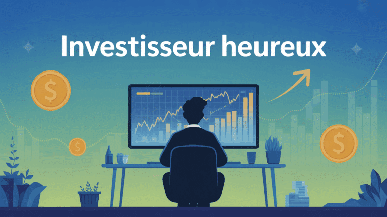 personne investisseur heureux assis devant ecran graphique croissance zen