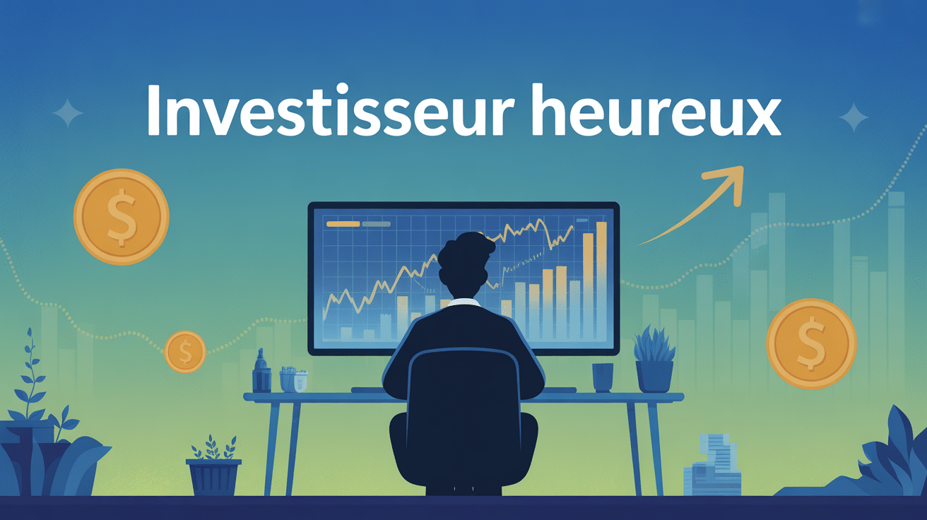 personne investisseur heureux assis devant ecran graphique croissance zen