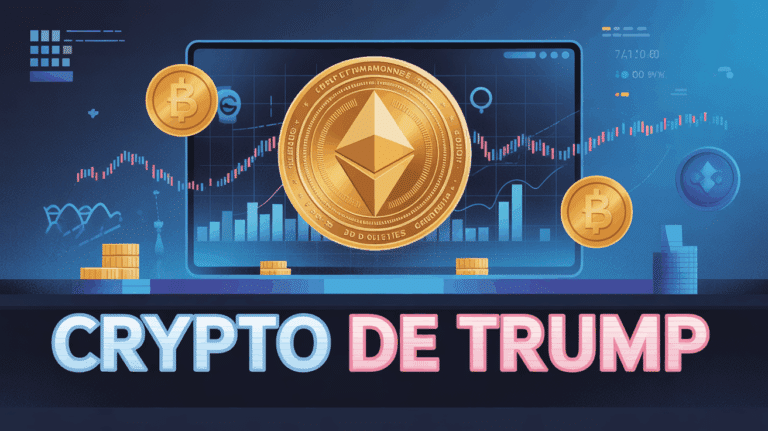 crypto Trump : logo de la cryptomonnaie Trump avec un fond symbolisant la blockchain
