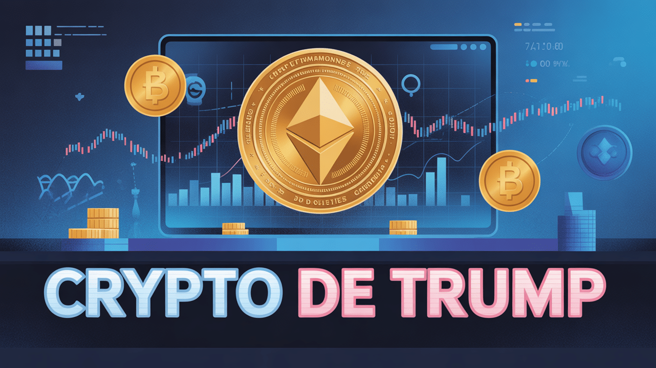 crypto Trump : logo de la cryptomonnaie Trump avec un fond symbolisant la blockchain