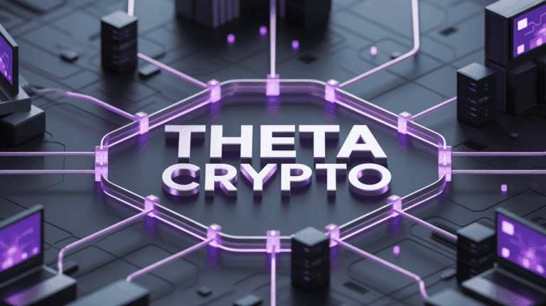 Theta : logo de la cryptomonnaie Theta avec une représentation graphique de streaming vidéo décentralisé