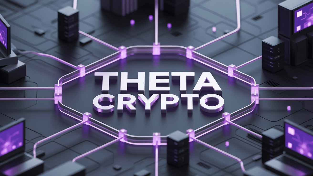 Theta : logo de la cryptomonnaie Theta avec une représentation graphique de streaming vidéo décentralisé