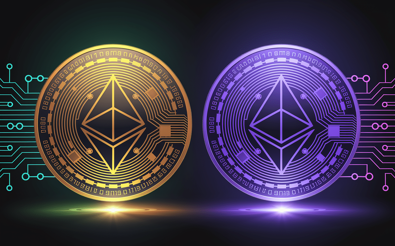 Tokens theta crypto doré et violet pour gouvernance et transactions