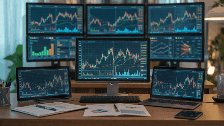 Bureau avec graphiques financiers Apex Trader Funding