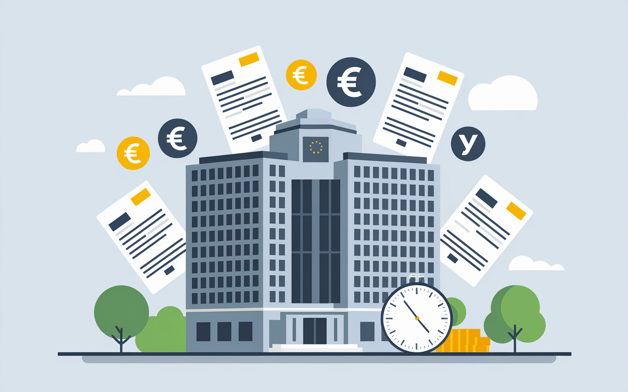 Illustration d'un bâtiment avec documents financiers et prélèvements SEPA