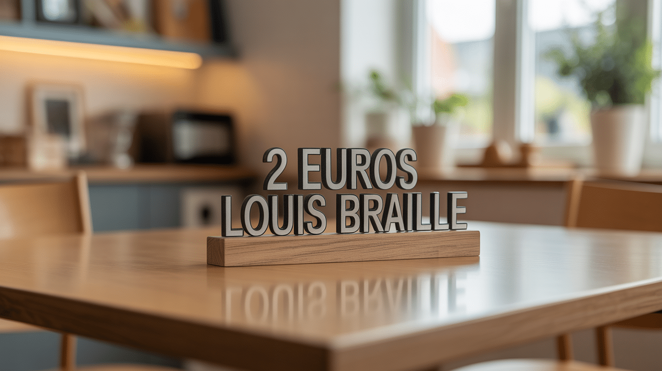 piece 2 euros Louis Braille sur table bois ambiance educative