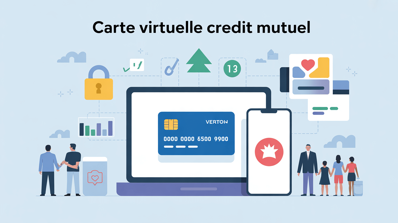 Illustration carte virtuelle Crédit Mutuel sur ordinateur et mobile, symbole sécurité