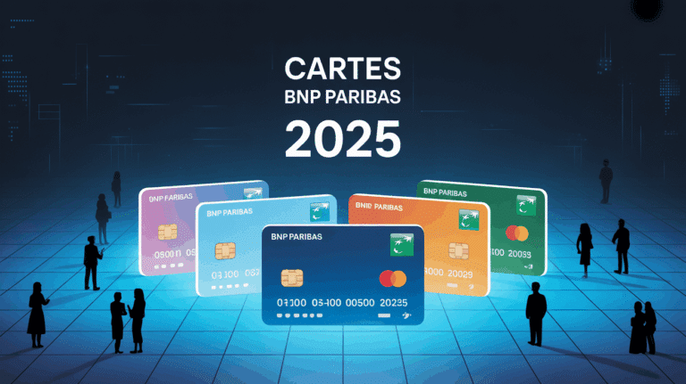 Vue stylisée des cartes BNP Paribas 2025 sur fond bleu digital