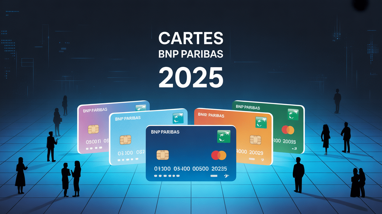 Vue stylisée des cartes BNP Paribas 2025 sur fond bleu digital