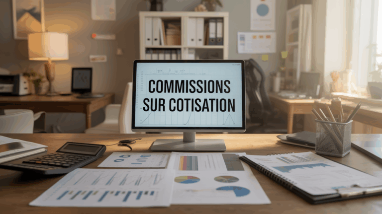 Vue d'un bureau avec graphiques et documents commissions sur cotisation
