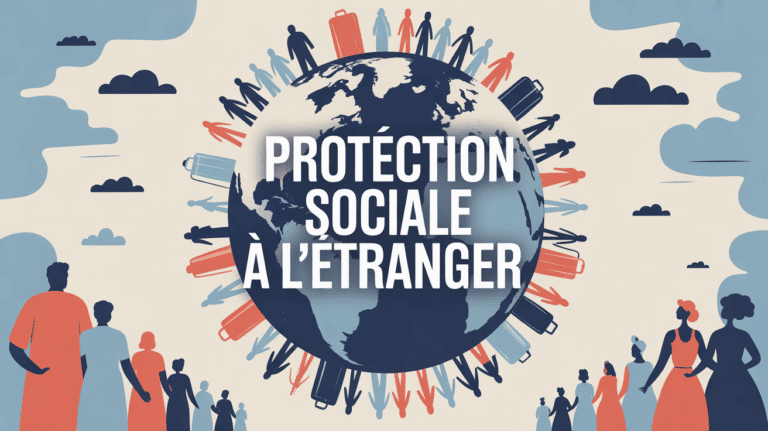 illustration protection sociale à l'étranger globe et familles