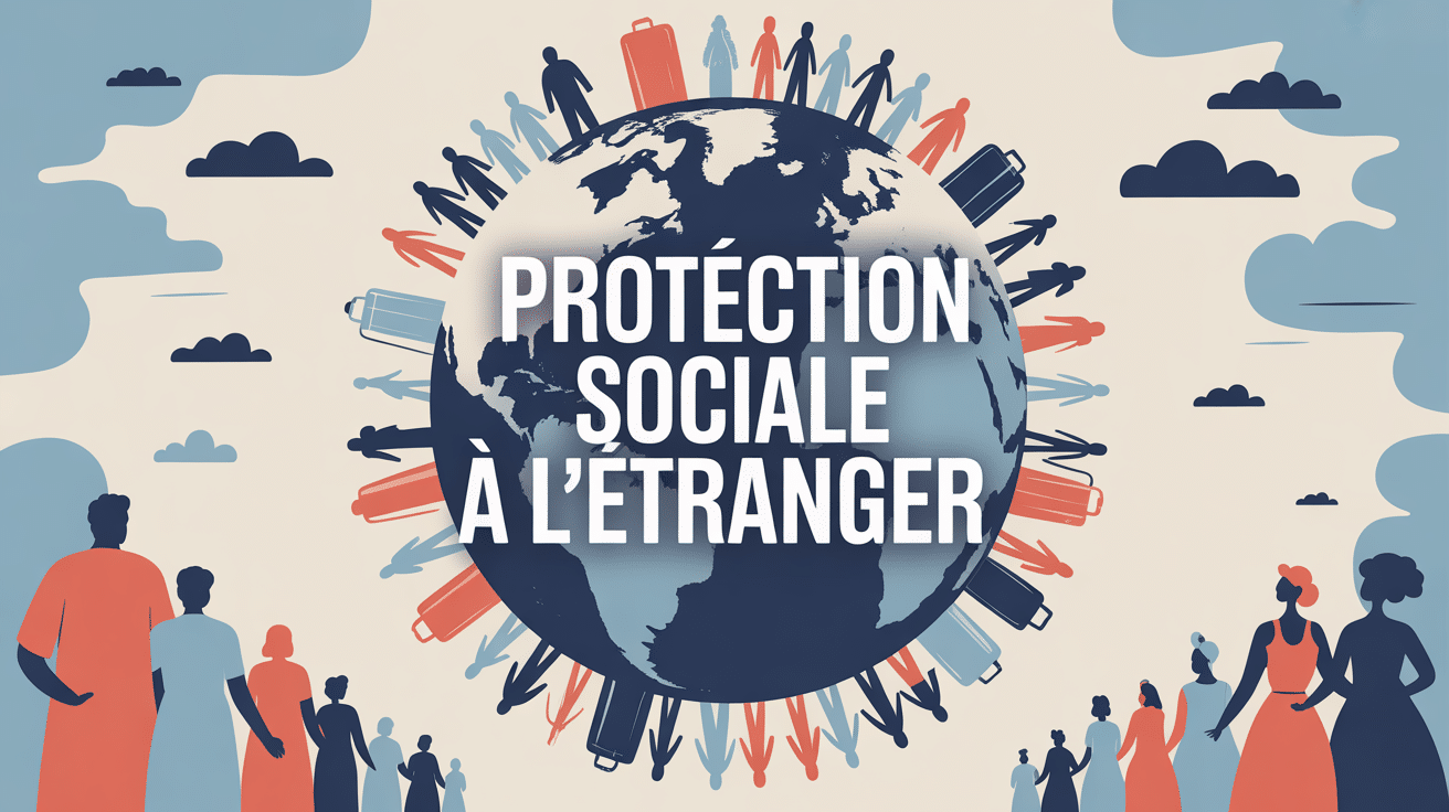 illustration protection sociale à l'étranger globe et familles
