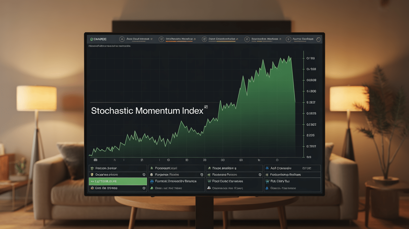 Graphique SMI sur interface trading, fond sombre, courbes techniques, ambiance professionnelle