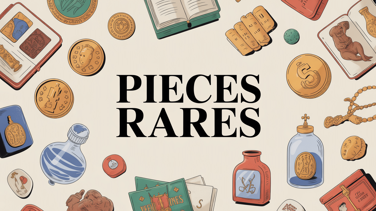 Catalogue stylisé de pièces rares sur fond clair