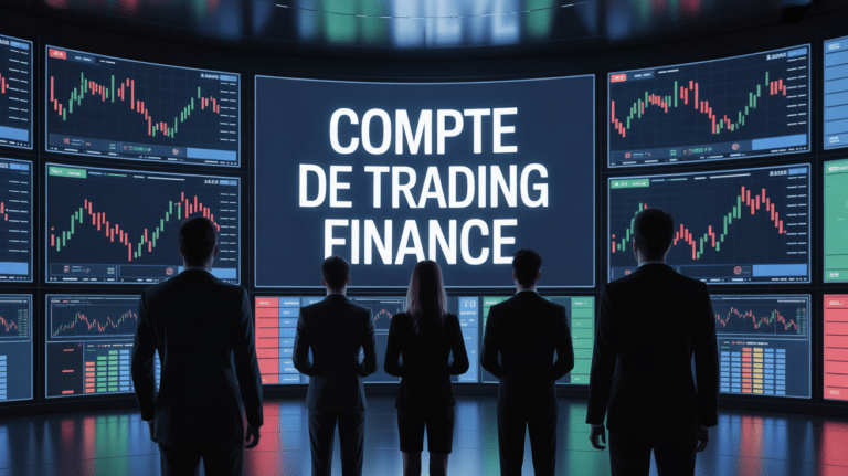 Scène dynamique chiffres compte trading financé, silhouettes devant graphiques