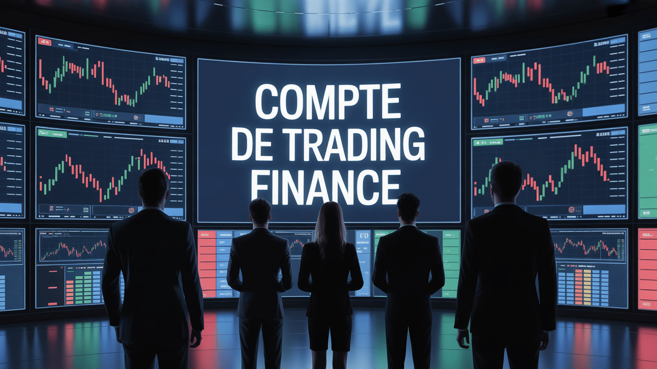 Scène dynamique chiffres compte trading financé, silhouettes devant graphiques