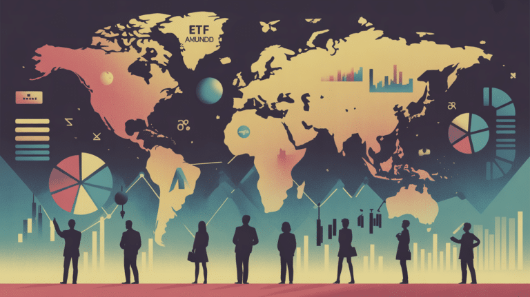 Illustration ETF Amundi MSCI World, mappemonde et graphiques financiers