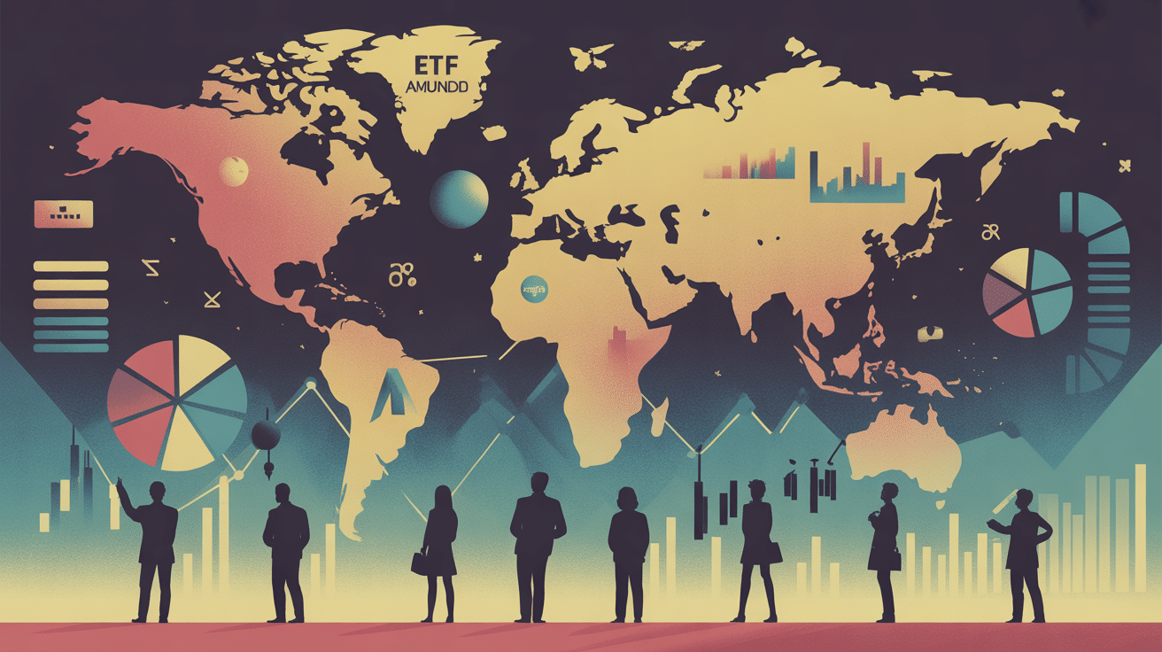 Illustration ETF Amundi MSCI World, mappemonde et graphiques financiers
