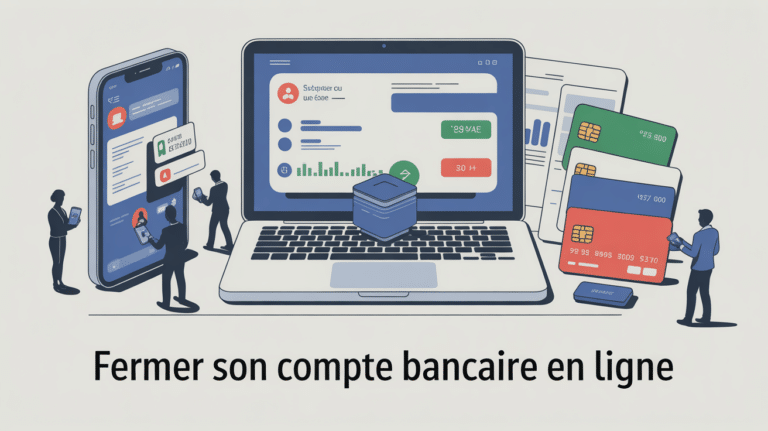 Illustration fermeture compte bancaire en ligne sur ordinateur et smartphone
