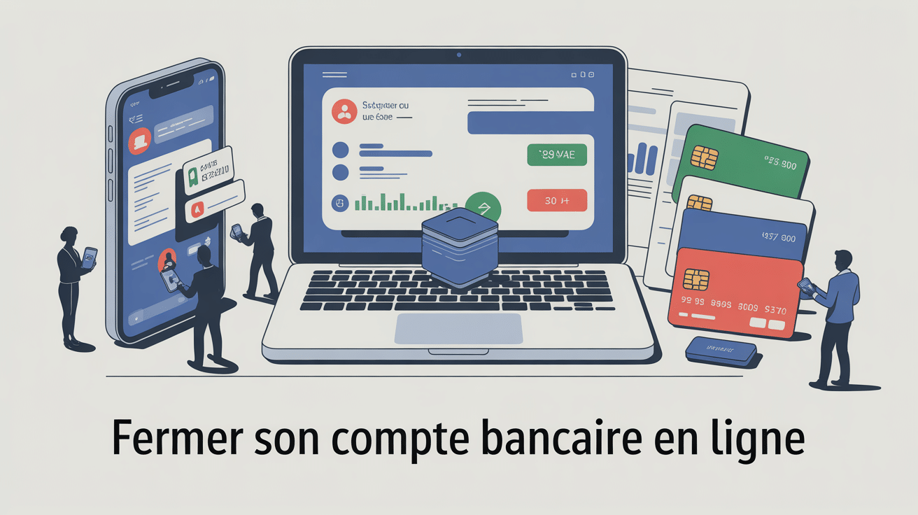 Illustration fermeture compte bancaire en ligne sur ordinateur et smartphone