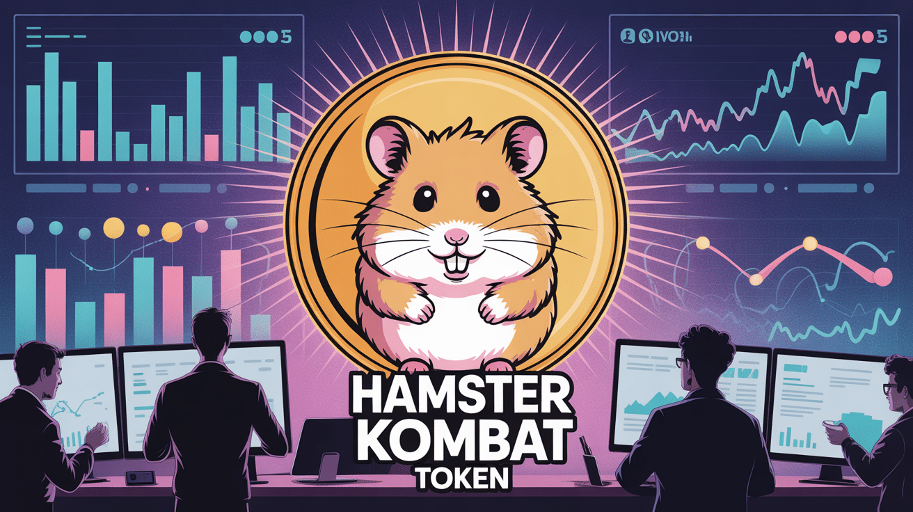 Hamster Kombat Token sur pièce or et graphiques crypto