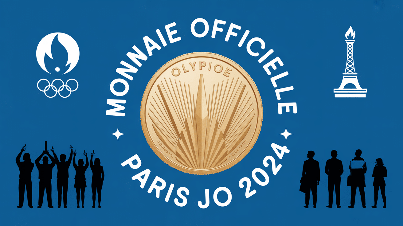 Illustration monnaie officielle Paris JO 2024 sur fond bleu, symboles sport