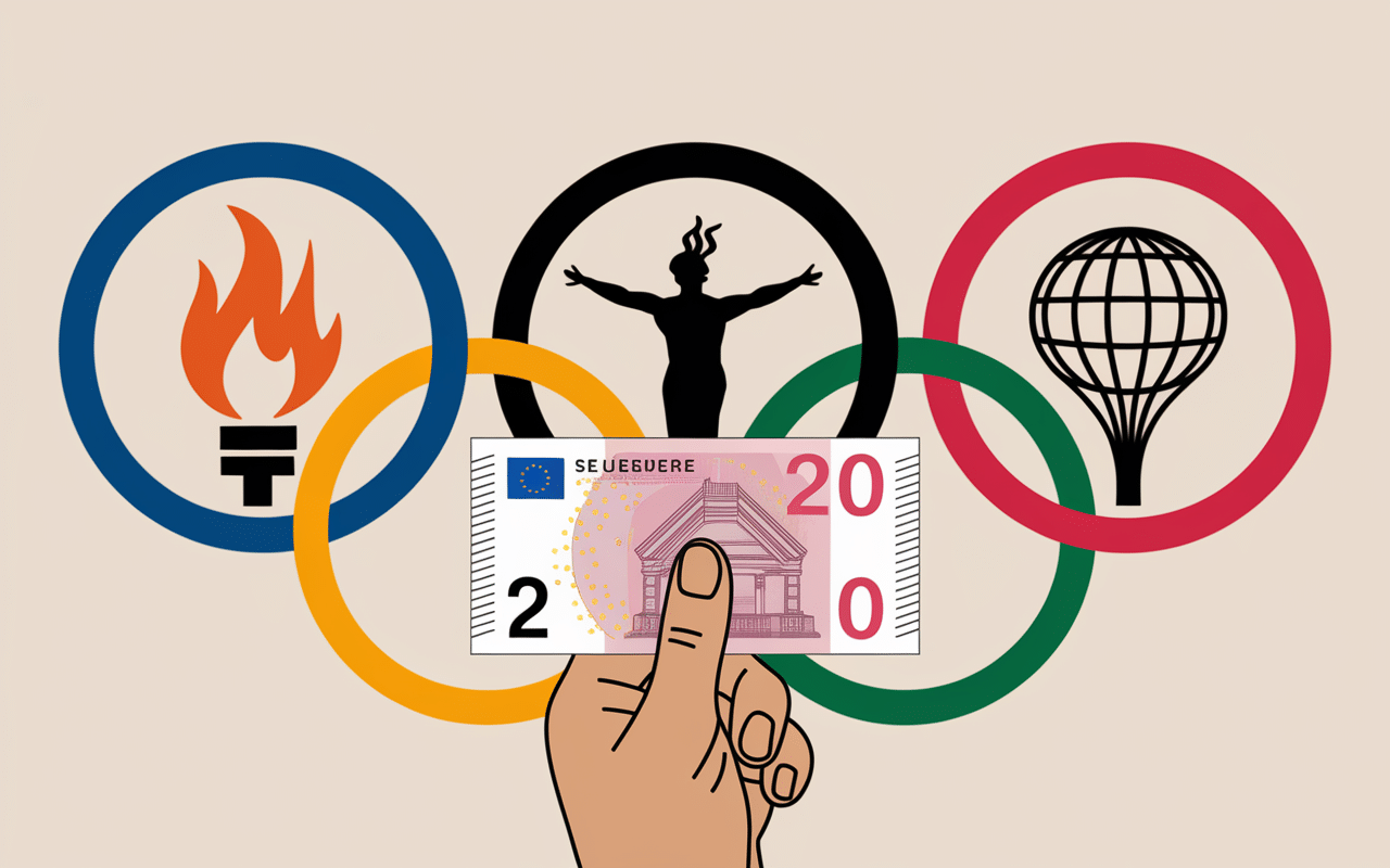 main tenant piece 2 euros Jeux Olympiques Paris 2024 symboles