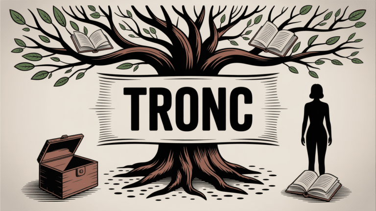 Illustration du mot tronc : arbre, livres, boite à dons, silhouette humaine