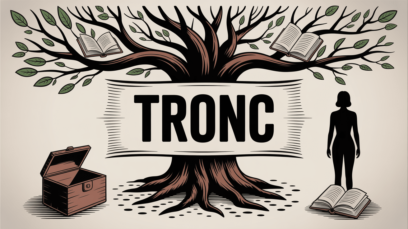 Illustration du mot tronc : arbre, livres, boite à dons, silhouette humaine