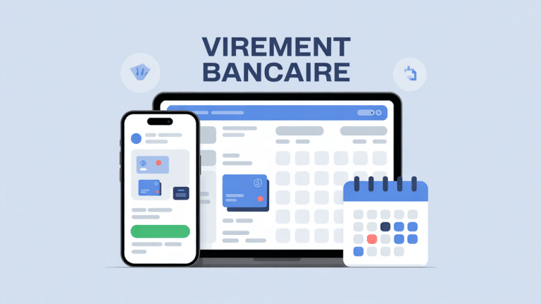 Illustration virement bancaire sur smartphone et ordinateur, calendrier et flèches