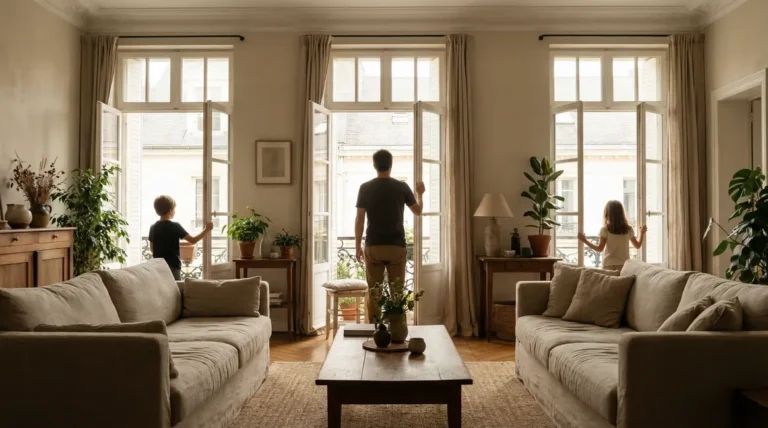 famille qui aère maison pour un air plus sain