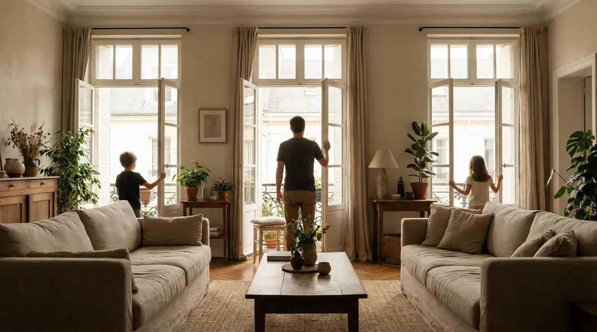 famille qui aère maison pour un air plus sain