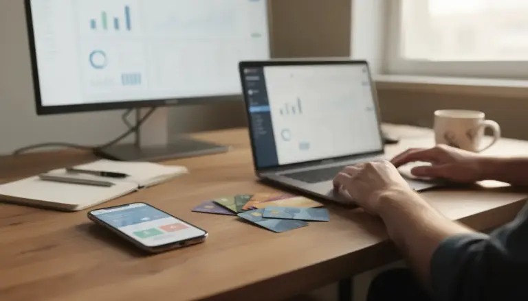 Analyse cartes de crédit en ligne sur bureau moderne