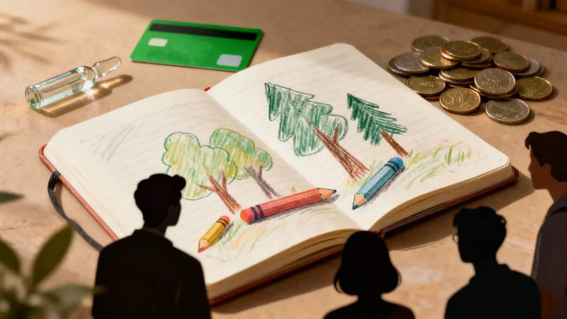 Illustration carnet banque éthique crayon arbres
