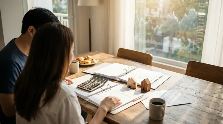 Famille jeune simulation crédit immobilier autour table