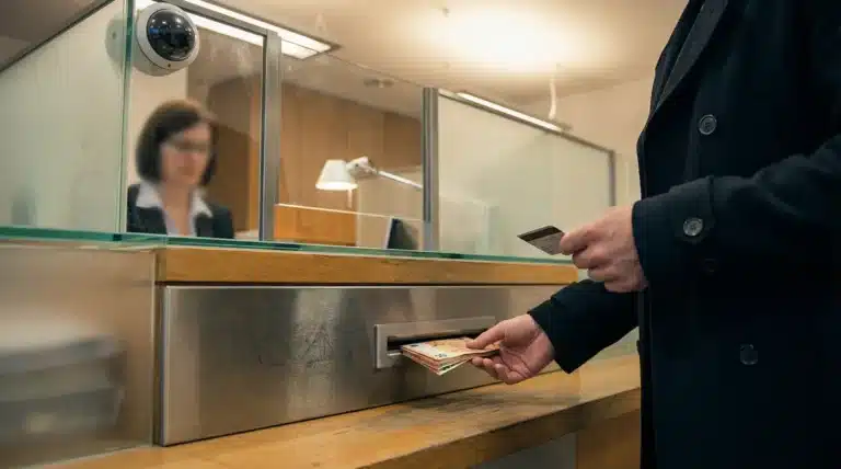 Personne retirant des billets en liquide au guichet bancaire