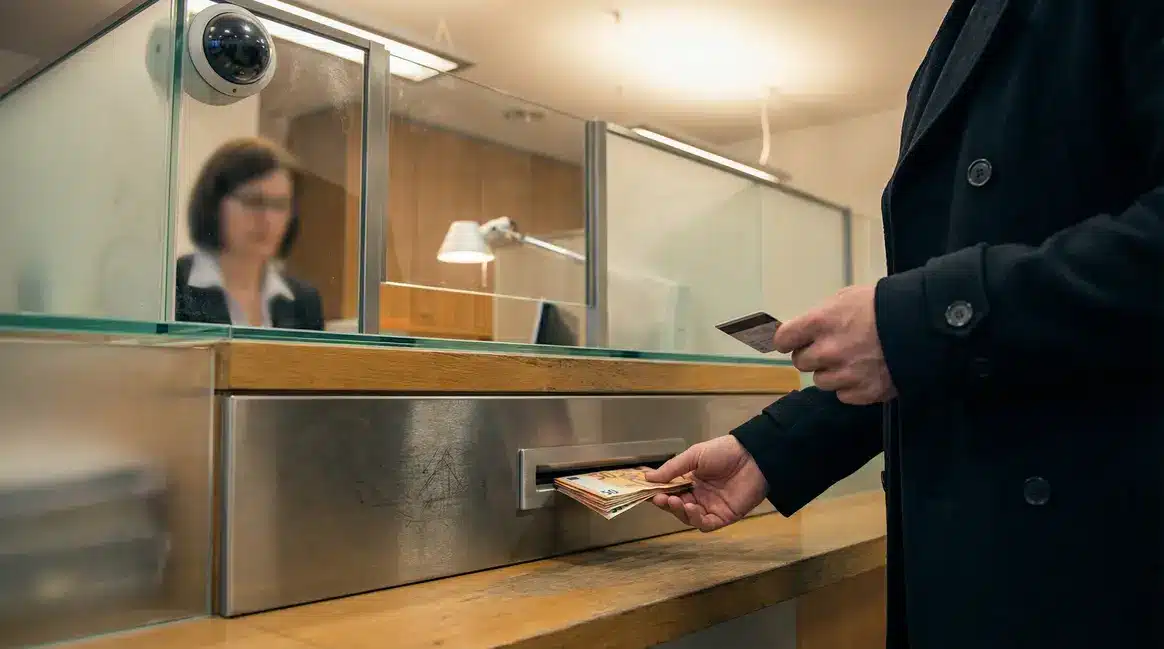 Personne retirant des billets en liquide au guichet bancaire