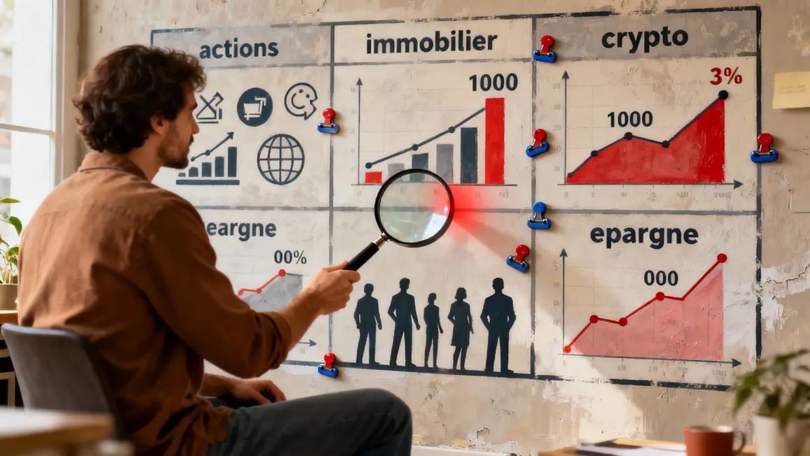 Tableau mural récapitulatif suivi des investissements avec Finary, pictogrammes et graphiques optimisation patrimoine