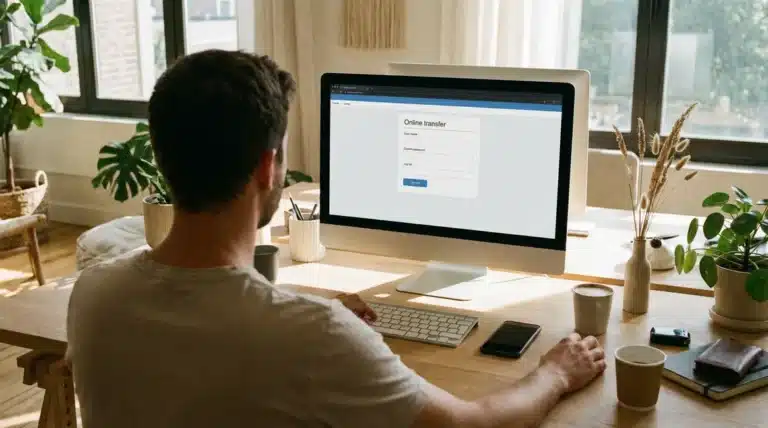 personne effectuant un virement bancaire en ligne sur ordinateur