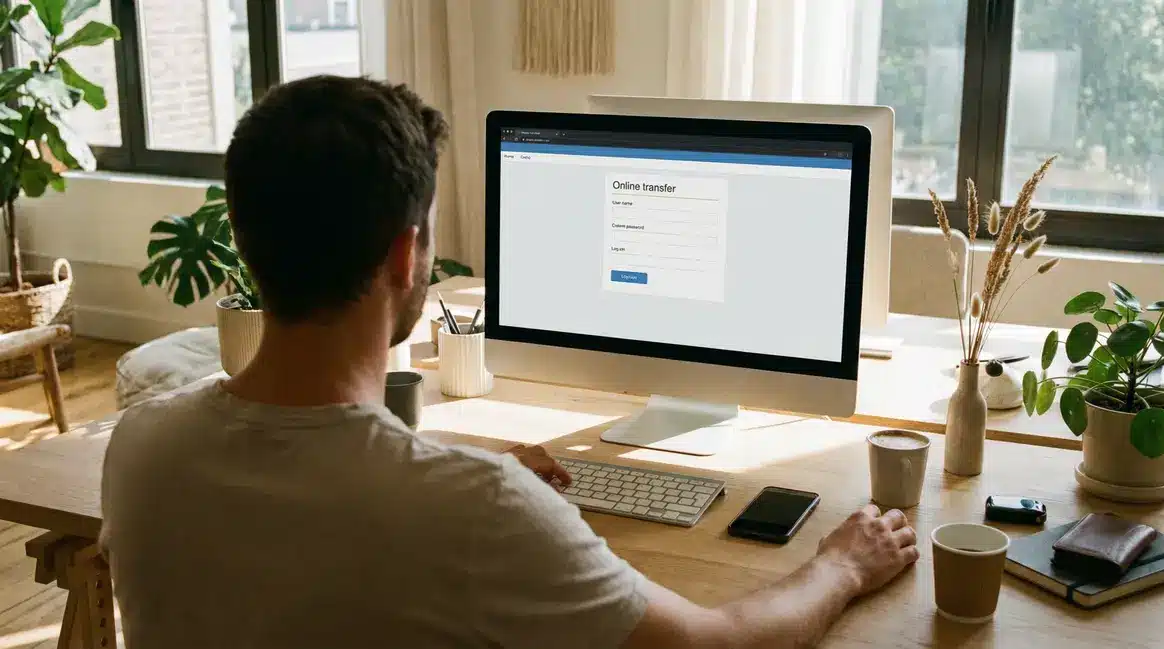 personne effectuant un virement bancaire en ligne sur ordinateur