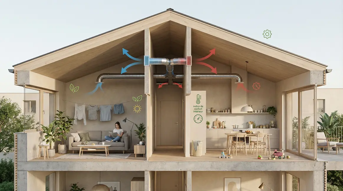 Comparatif flux VMC simple et double flux vue maison moderne