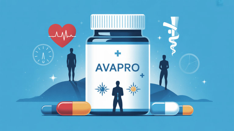 Vue stylisee boite Avapro sur fond bleu avec symboles medicaux