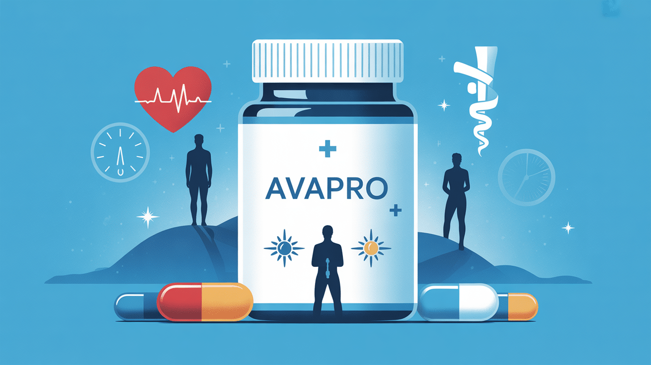 Vue stylisee boite Avapro sur fond bleu avec symboles medicaux