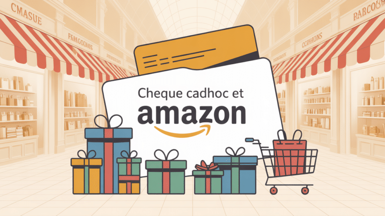 carte cadeau chèque cadhoc amazon sur fond de magasins