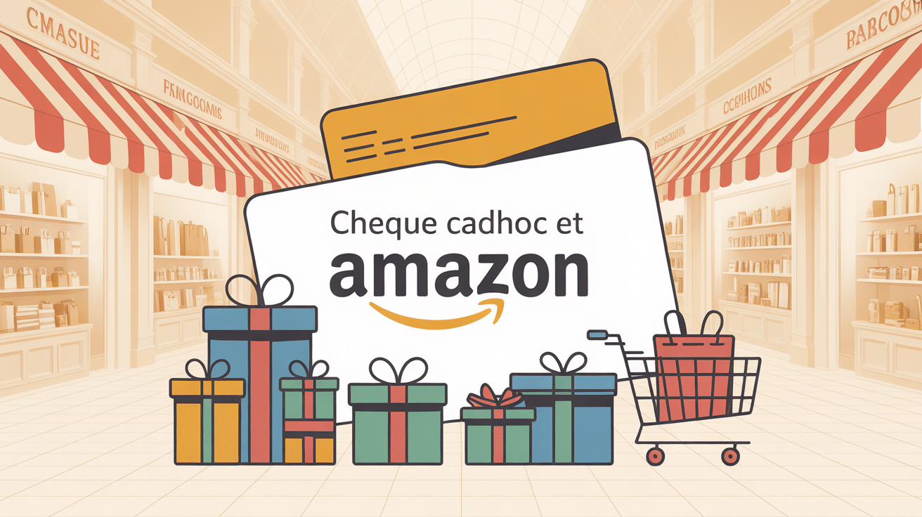carte cadeau chèque cadhoc amazon sur fond de magasins